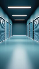 Obraz premium Modern Teal Storage Unit Corridor with Multiple Roll Up Doors and Bright Fluorescent Lighting