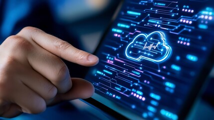 Hand Interacting with Tablet Displaying Glowing Cloud Computing Icon