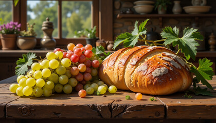Freshly Baked Loaf and Grapes for Easter Meal Visuals, Blog Illustrations, or Church Slides