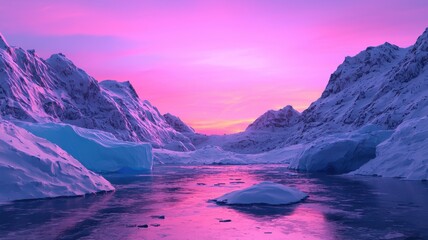 Fototapeta premium Arctic Landscape Stunning Pink Sunset Over Glacial Mountains and Icebergs