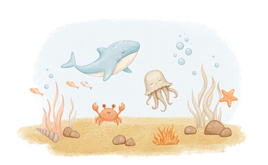 Underwater world scene, ocean floor marine life. Watercolor illustration © Elena