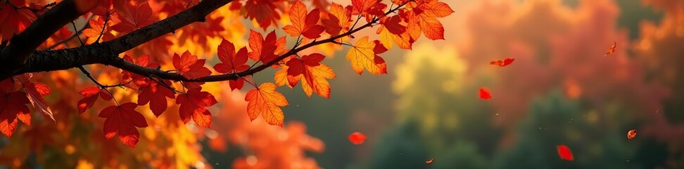 Fototapeta premium Oak tree branches with scattered golden and crimson leaves, fall, leaves