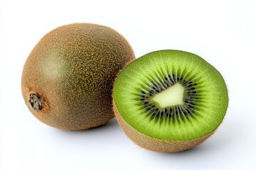 Fototapeta premium A whole kiwi fruit and a sliced kiwi half