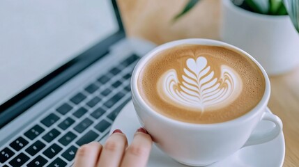 Latte Art Coffee with Laptop on Wooden Table