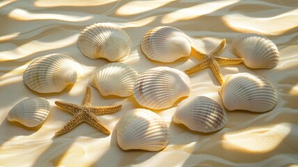 Seashells and Starfish on Sandy Beach in Sunlight Summer Vacation Concept
