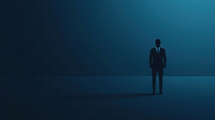 Obraz premium Solitary Businessman Silhouette in Dark Blue Room Corporate Solitude Concept