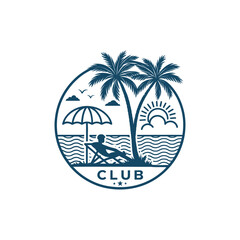 sun beach club,summer silhouette logo vector line art logo design