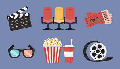 Set of cinema icons with popcorn, carbonated drink, tickets, 3D glasses, film and clapper. Time in cinema. Vector images. Isolated