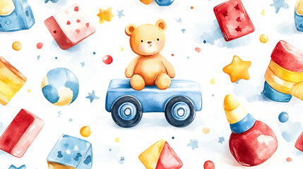 Obraz premium Beautiful childish horizontal seamless pattern with hand drawn watercolor kid's toys illustrations