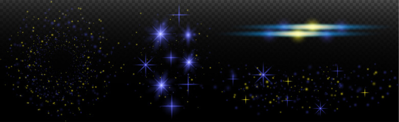 Obraz premium Light effect: isolated flare, tire explosion, dust line, sun flare, star spark, sunlight, vector set.