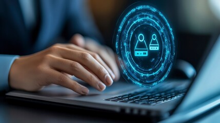 Person Using Laptop with Glowing Network Connection Interface