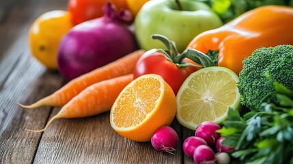 Close-up of vibrant fresh vegetables and fruits on wooden table, symbolizing healthy blood pressure foods, emphasizing natural nutrition and wellness.
