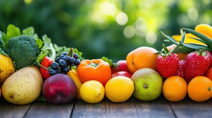 Close-up of vibrant fresh vegetables and fruits on wooden table, symbolizing healthy blood pressure foods, emphasizing natural nutrition and wellness.
