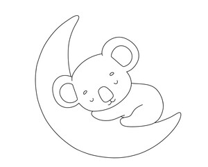 Baby koala sleep on moon, vector line illustration for coloring book, Outline animal, drawing