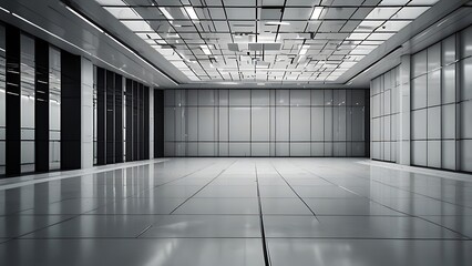 Obraz premium stock photo features a minimalist, futuristic white room with a black grid