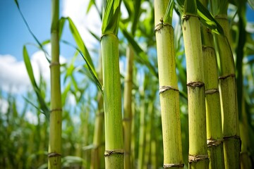 Fototapeta premium The magic of sugarcane with its strong stalks, with a rough and moist texture of the stem that retains its sweetness