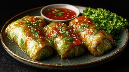 Stuffed cabbage rolls, Asian cuisine, dark background, delicious meal