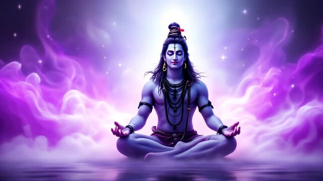 A serene depiction of Lord Shiva in a meditation pose, surrounded by a vibrant purple aura that radiates energy.
