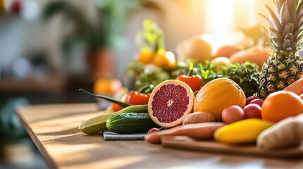 Close-up of vibrant fresh vegetables and fruits on wooden table, symbolizing healthy blood pressure foods, emphasizing natural nutrition and wellness.
