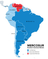 Mercosur member states, political map. Southern Common Market, also Mercosul, a South American trade bloc with full members Argentina, Bolivia, Brazil, Paraguay and Uruguay, and suspended Venezuela.