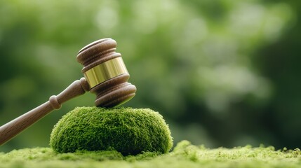 Wooden Gavel on Mossy Ground Representing Legal Judgment and Justice