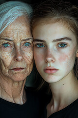 Closeup portrait of an elderly woman and a young woman, side by side, showcasing the passage of time and generational connection.  A poignant image exploring themes of family, aging, and beauty.