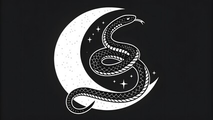 Obraz premium Black snake wrapped around a crescent moon minima