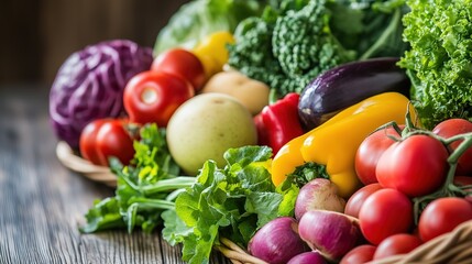 Close-up of vibrant fresh vegetables and fruits on wooden table, symbolizing healthy blood pressure foods, emphasizing natural nutrition and wellness.
