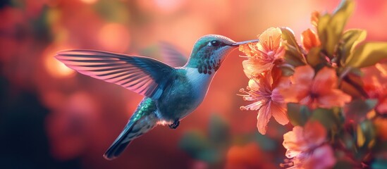 Fototapeta premium Hummingbird feeding, blossom, garden, sunset, nature
