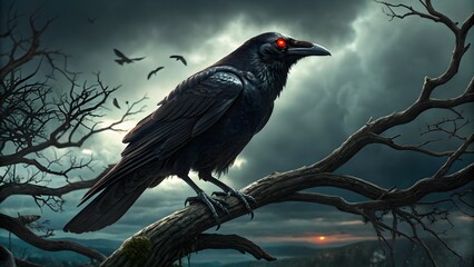 Fototapeta premium Black crow with glowing red eyes dark gothic stic