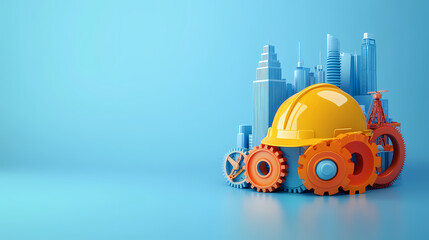 Building the Future: An artistic display showcases construction tools with miniature skyscrapers set against a backdrop of vibrant blue, symbolizing innovation and progress.