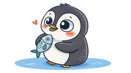 Obraz premium Baby penguin holding a tiny fish chibi style with