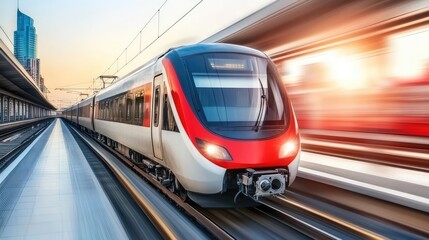 Fototapeta premium A fast-moving subway train arriving at a sleek modern platform, dynamic city business travel theme with copy space.