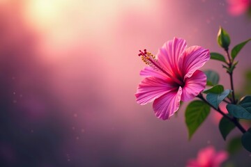 Pink hibiscus blooms in a misty morning atmosphere, mist, bloom