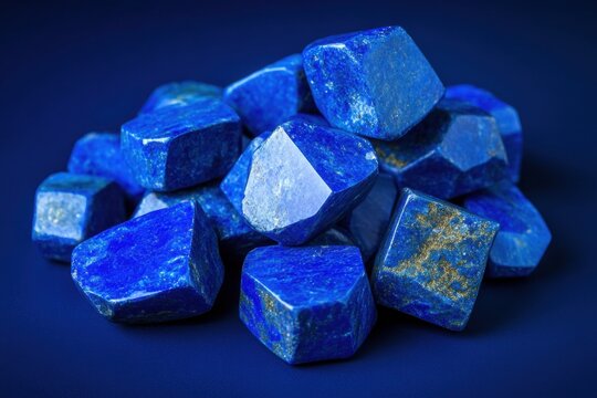 A group of tumbled lapis lazuli stones on blue background