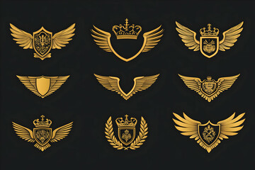 Fototapeta premium Gold Winged Shields and Crowns 3D Illustration