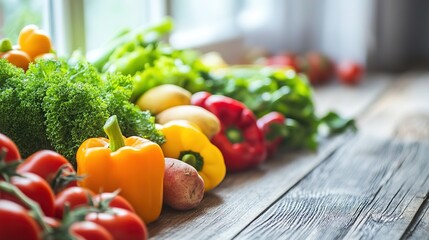 Close-up of vibrant fresh vegetables and fruits on wooden table, symbolizing healthy blood pressure foods, emphasizing natural nutrition and wellness.
