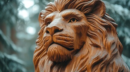 Wooden lion statue, forest backdrop, decor