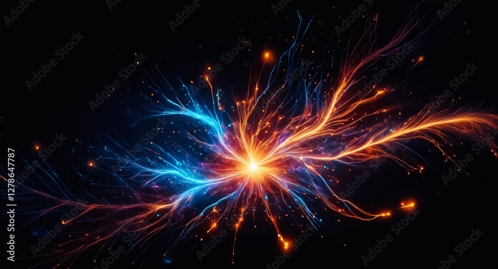 Poster vibrant light bursts from the center, casting dynamic blue and orange energy streaks across a dark b