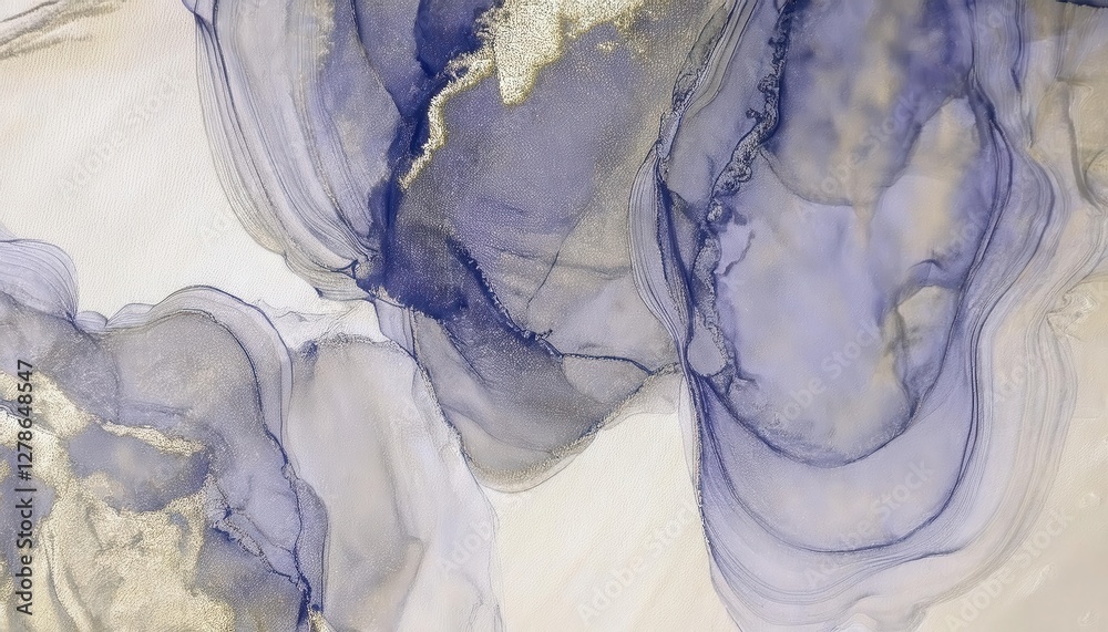 Poster abstract flowing textures in blue and gold on soft fabric, creating organic shapes and fluid pattern