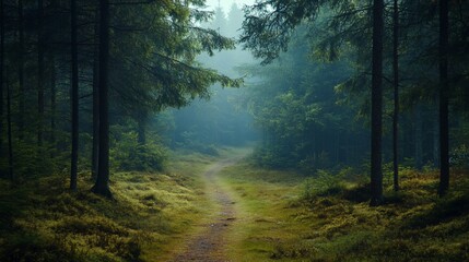 Fototapeta premium Misty forest path leading into the woods.