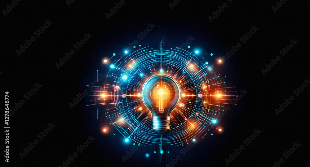 Aufkleber glowing lightbulb surrounded by abstract digital elements in blue and orange on a black background. 