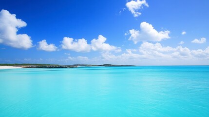 Fototapeta premium Serene Tropical Beach: Azure Ocean Meets Cloud-Filled Sky