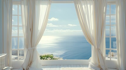 half open window, white curtains, view of a beautiful oceanscape,  travel magazine photography 