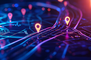 Glowing digital roadmap with location markers and vibrant colors, showcasing modern navigation technology