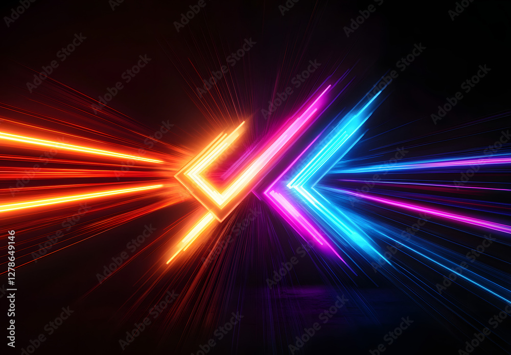 Poster vibrant neon arrow streaks across a dark background, illuminating the path forward with dynamic moti