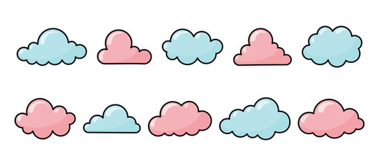 Set of cute clouds in pink and blue colors, vector illustration isolated on white background