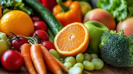 Close-up of vibrant fresh vegetables and fruits on wooden table, symbolizing healthy blood pressure foods, emphasizing natural nutrition and wellness.
