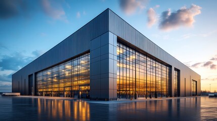 Obraz premium A modern, angular building featuring large glass windows and a reflective surface, illuminated by a vibrant sunset.