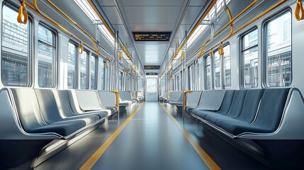 Obraz premium Empty modern subway car interior with seats and windows.
